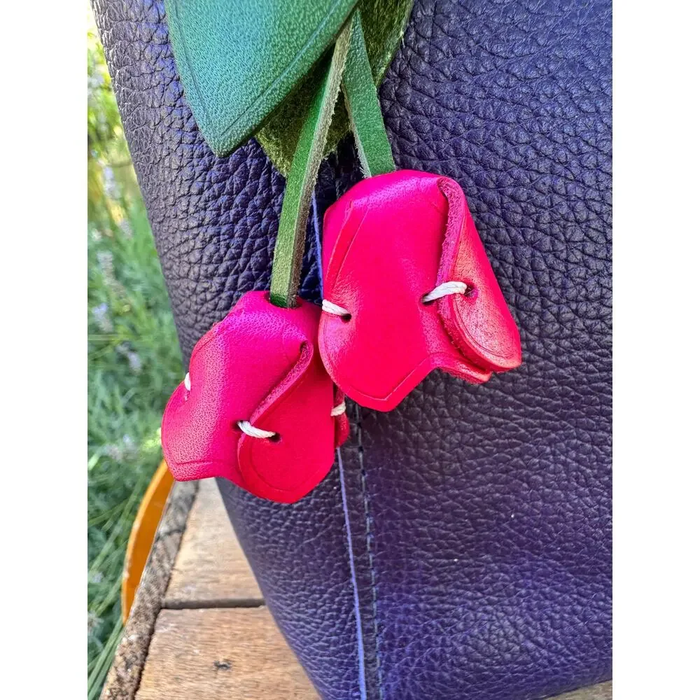 Genuine Leather Hot Pink Tulip Bag Charm Tulip Spring Pink Flower Leather Charm